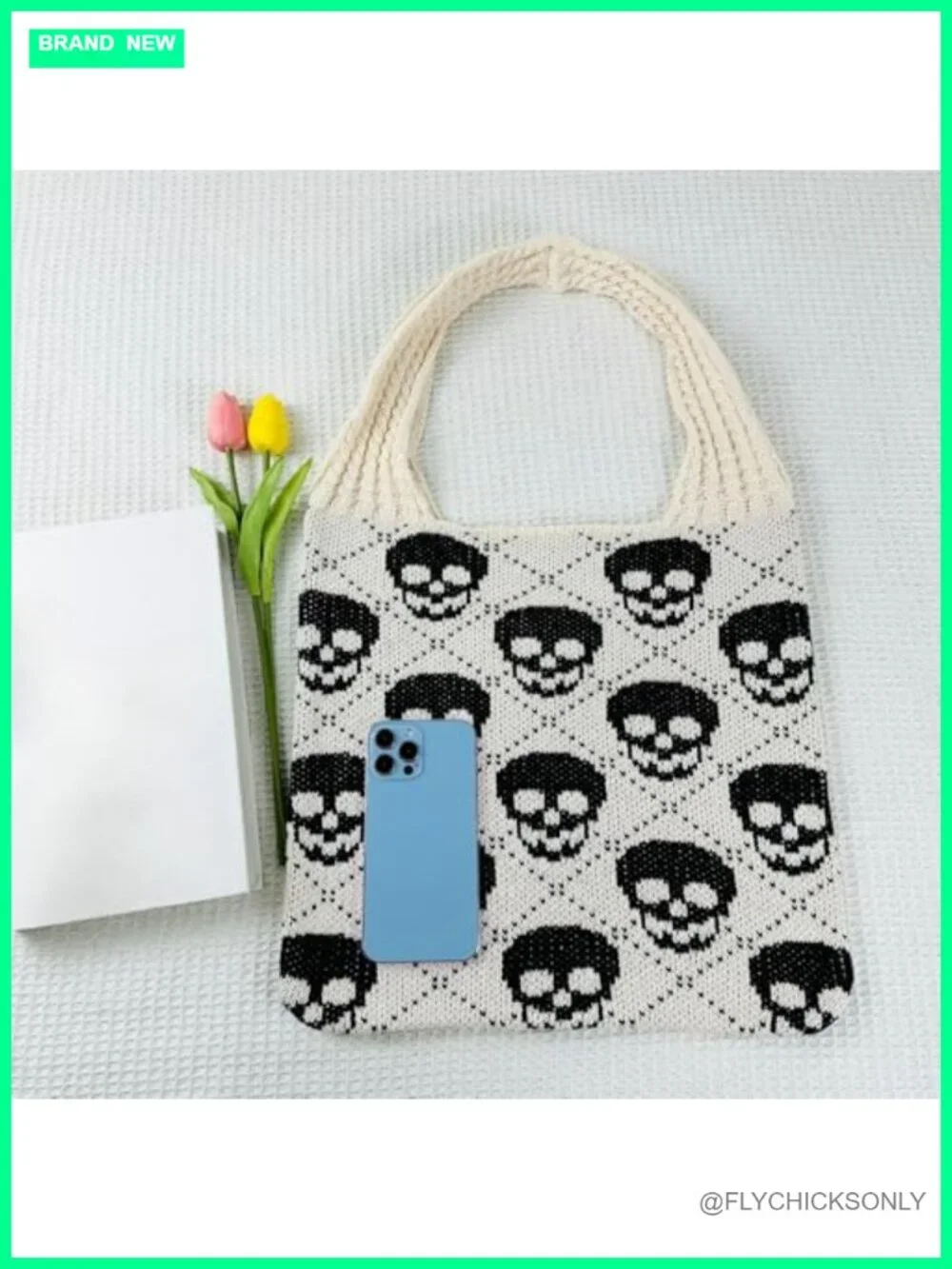Gothic Skull Pattern Knit Tote Bag Crochet Hobo Shoulder Handbag Y2k